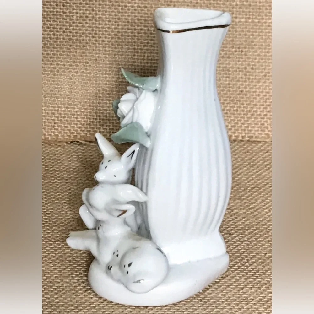 Vintage Speckled Deer Floral Ribbed Bud Vase White Woodland Cottage Granny Core